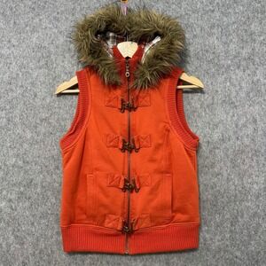 Y2K Mudd Orange Faux Fur Hooded Toggle Vest Women Sz Medium Casual Cozy Winter
